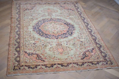 Vintage vloerkleed groen, blauw, roze nr.27708 301cm x 206cm  