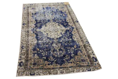Vintage vloerkleed blauw met beige 35118 201cm x 111cm