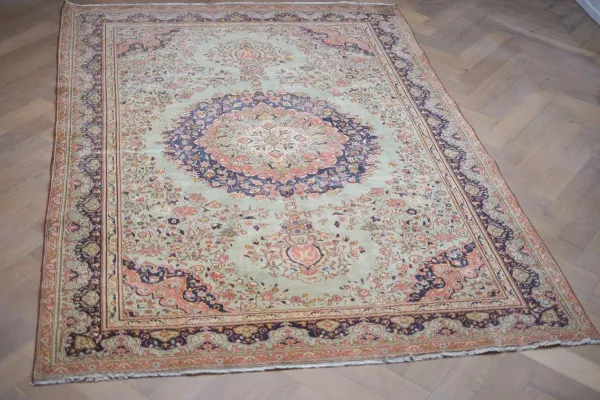 Vintage vloerkleed groen, blauw, roze nr.27708 301cm x 206cm  