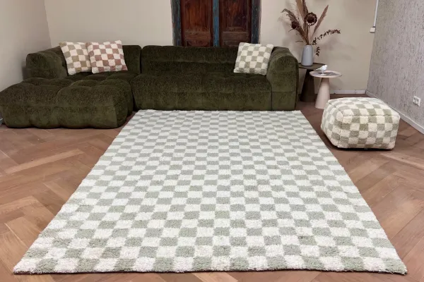 SALE Geblokt berber vloerkleed groen, in diverse maten verkrijgbaar