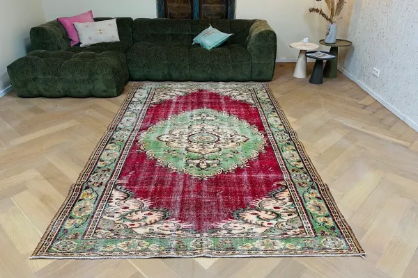 Vintage vloerkleed rood met groen nr 28793 292cm x 180cm