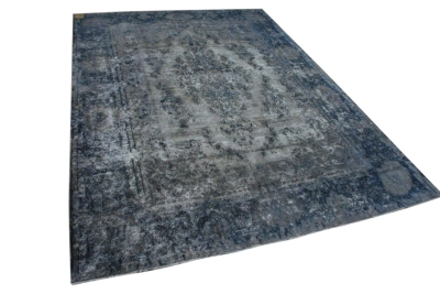 Vintage vloerkleed antraciet met blauw, nr.59539 383cm x 270cm  